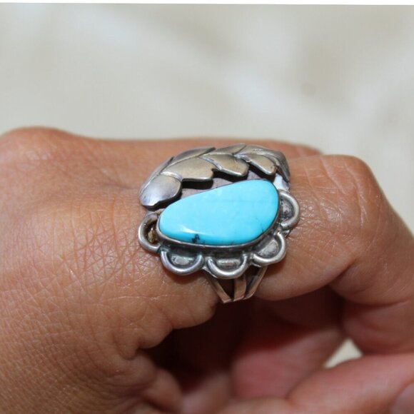Sterling Silver Turquoise Navajo Ring Feather Native American 5.5 Signed 7.9g - Picture 10 of 11